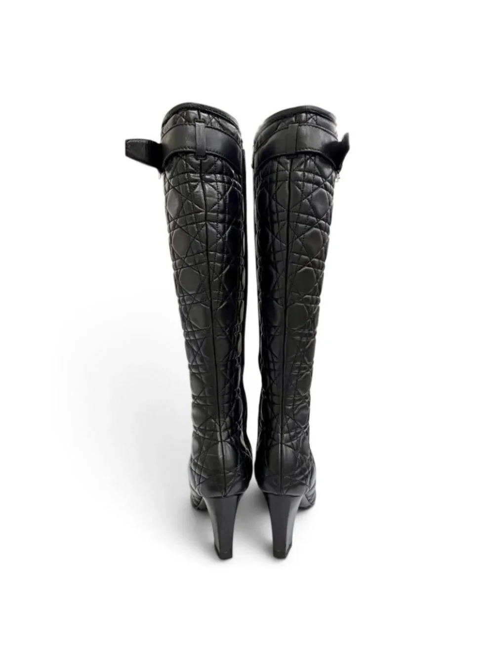 Dior Cannage Side Zip Leather Long Boots Black Silver